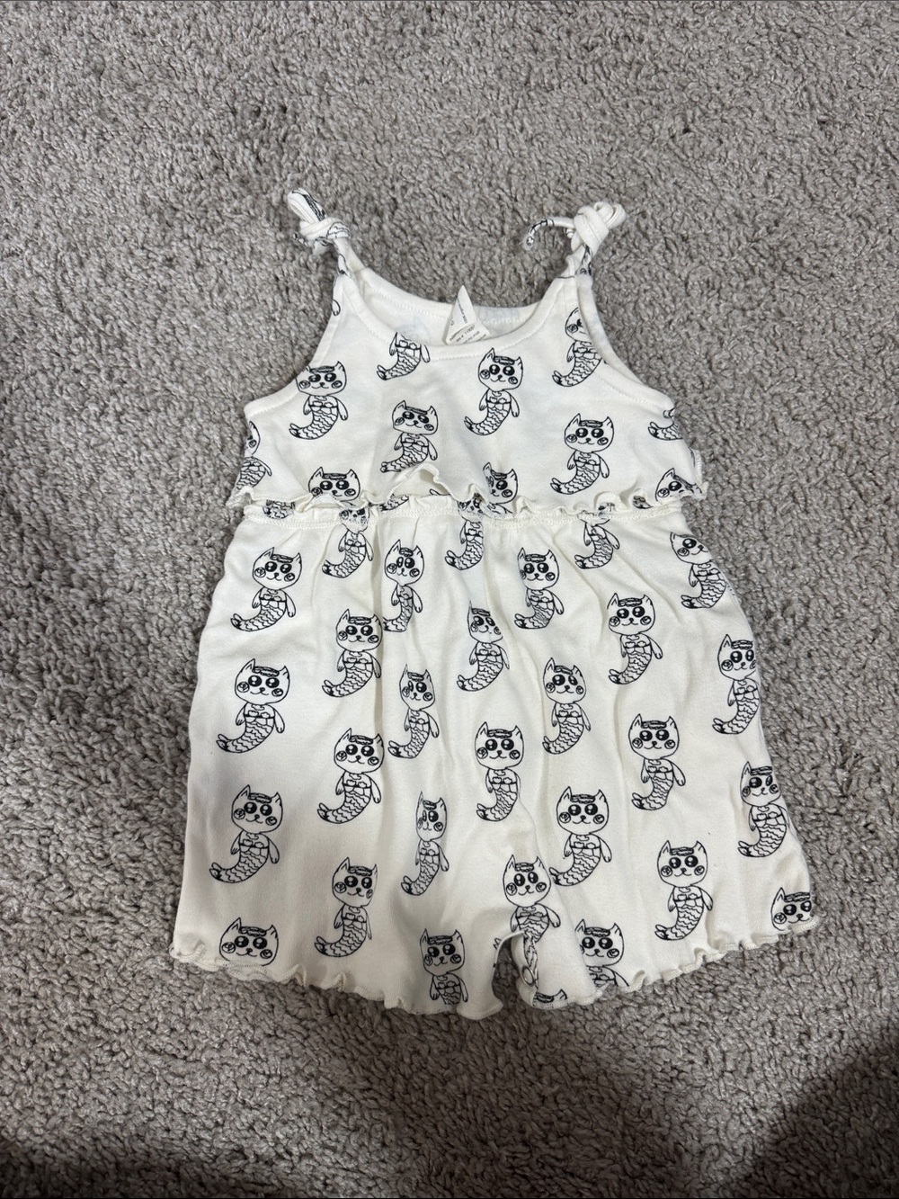 kate quinn white Romper with Black Cat-Mermaid Print